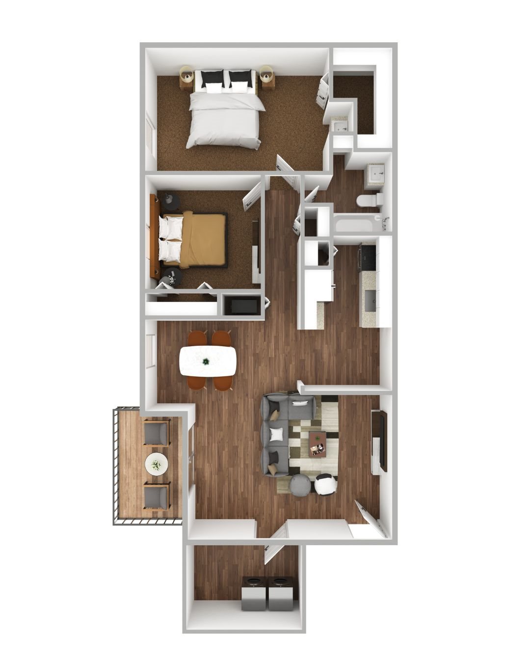 Parkway Crossing Blue Ridge Floorplan Overhead model of the Parkway Crossing Blue Ridge Floorplan, with two bedrooms, one bathroom, luxury vinyl tile flooring, a balcony, a kitchen and a living room.